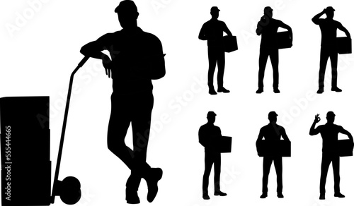 Set of silhouettes of warehouse workers with the package. Delivery guy is holding a cardboard box in different poses. Vector flat style illustration isolated on white. Full-length view	