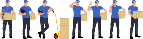 Set of hand-drawn warehouse workers with the package. Delivery guy is holding a cardboard box worker in different poses. Vector flat style illustration isolated on white. Full-length view