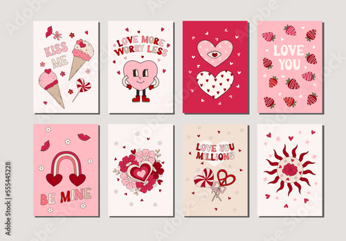 Set of hand drawn vector illustration Valentine's Day posters and cards, banners. Valentine's day greeting cards design in modern retro vintage groovy 60s 70s style.
