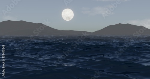 Evening lake scene. Full moon under the water. Moonlight reflected on water. Morning mist. Nature background. 3D rendering