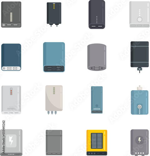 Power bank icons set flat vector. Alternative power. Battery bank isolated