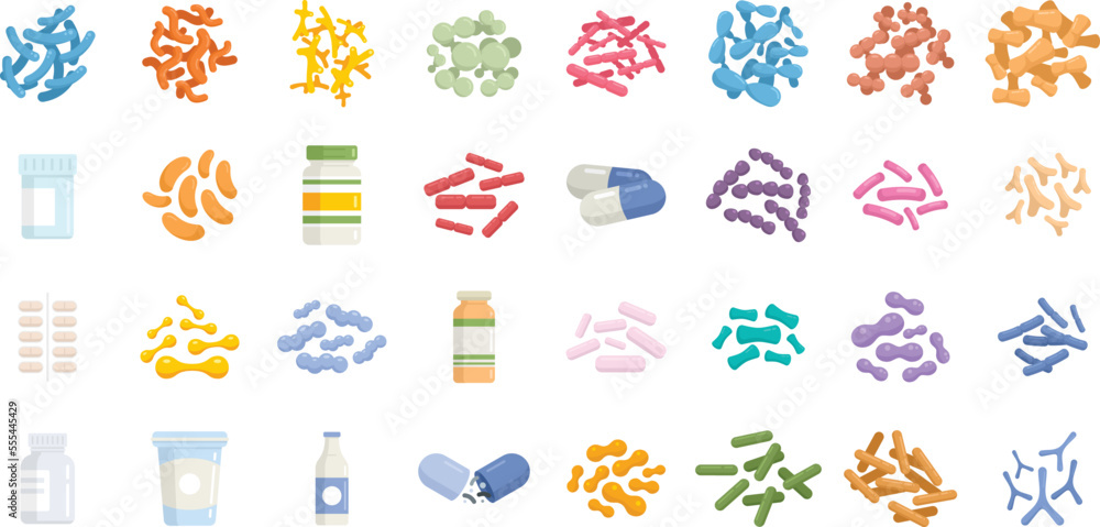 Probiotics icons set flat vector. Stomach prebiotic. Bacteria lactobaccilus isolated