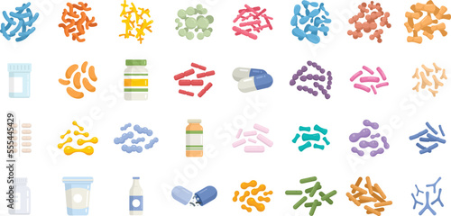 Probiotics icons set flat vector. Stomach prebiotic. Bacteria lactobaccilus isolated