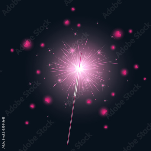 Bengal fire vector. Pink sparkler candle with hearts isolated on black background. Valentine's Day concept.