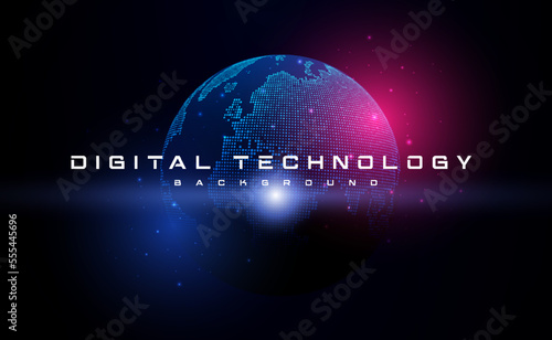 Digital technology worldwide global network internet connection blue background, Abstract cyber tech futuristic planet map world, Ai big data, Innovation 5g wireless wifi future, illustration vector