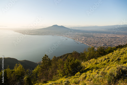 Panorama of the Gulf of Naples at sunset. View of Mount Vesuvius and the Bay of Naples from Mount Faito