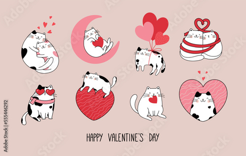 Hand drawn character collection with cute funny cats for Valentine's Day.