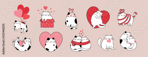 Hand drawn character collection with cute cats for Valentine's Day