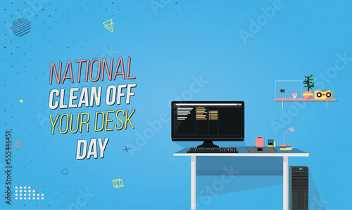 National clean off your desk day template. computer on modern work desk. modern design