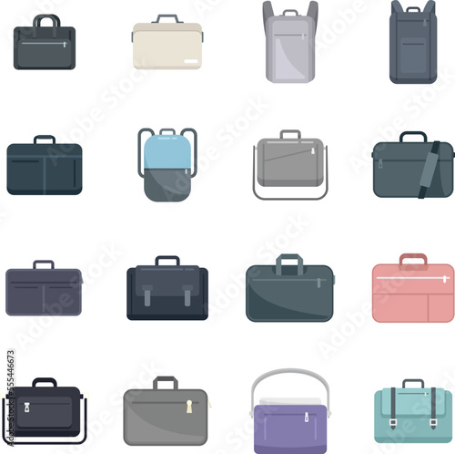 Laptop bag icons set flat vector. Computer case. Shoulder luggage isolated