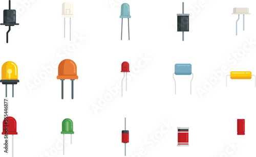 Diode icons set flat vector. Anode light. Led alarm isolated