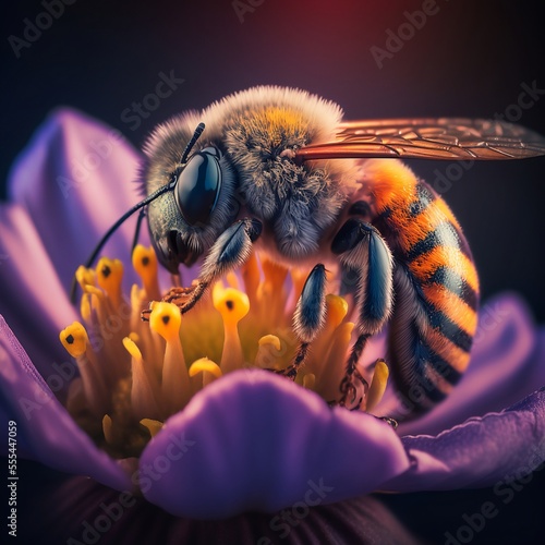 primo piano di un'ape che si impollina su un fiore photo