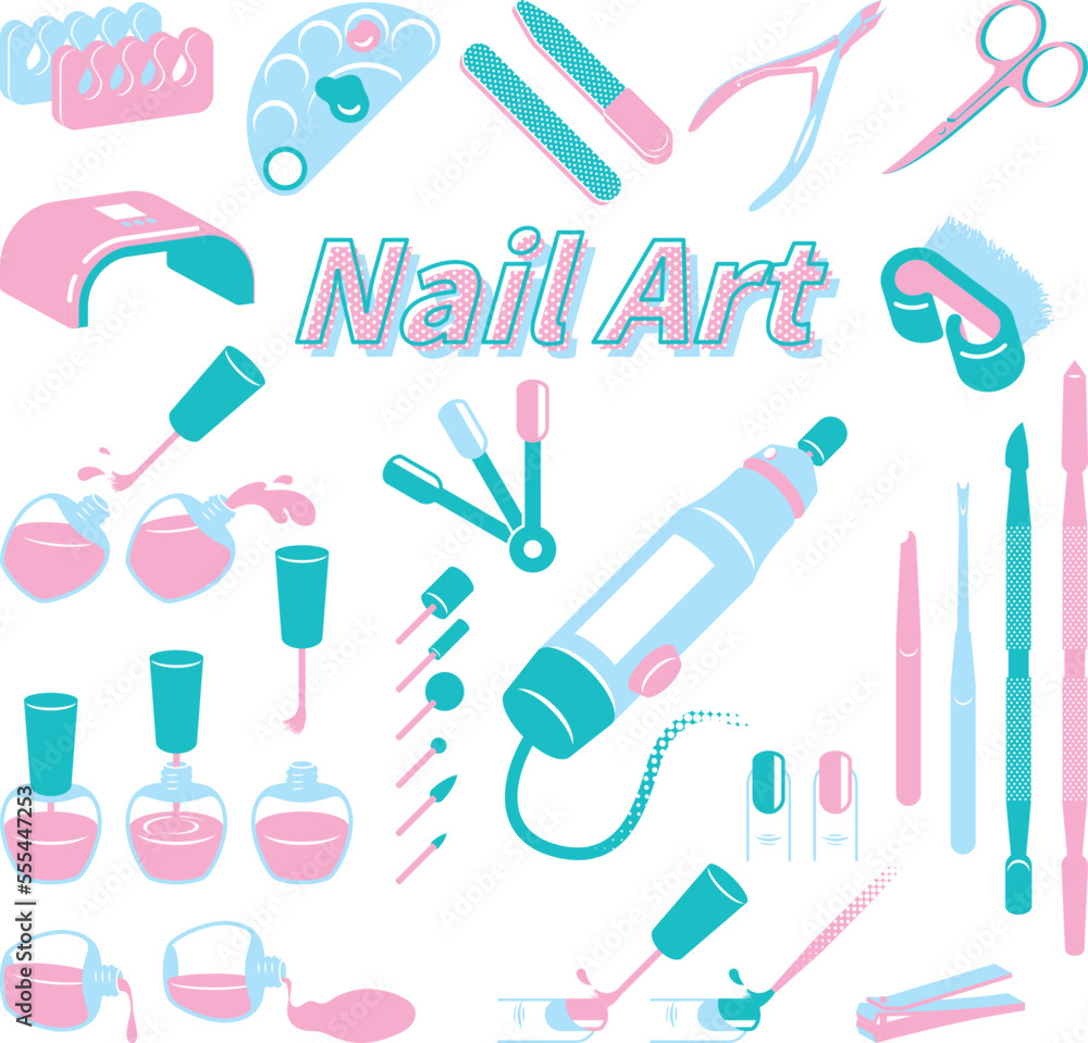 Pink tone pop art style manicure and tools set.
Nail polish and nail file, scissors, pliers, die grinder, color palette, fingers. Vector illustration.