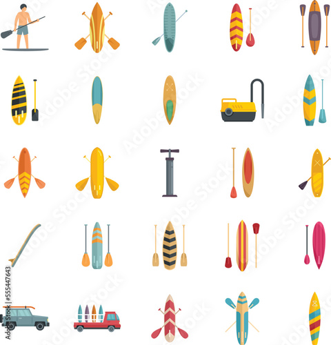 Sup surfing icons set flat vector. Surf board. Puddle gear isolated