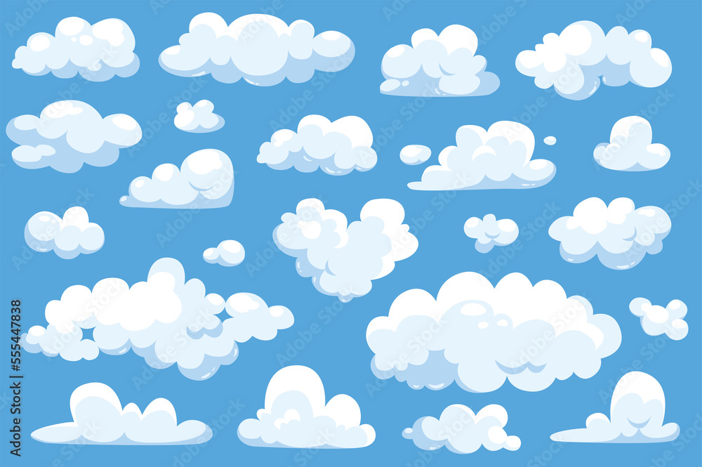 Fluffy clouds at blue sky in cartoon style set isolated elements. Bundle of curve cumulus cloudscape with different forms. Symbols for cloudy weather forecast. Illustration in flat design