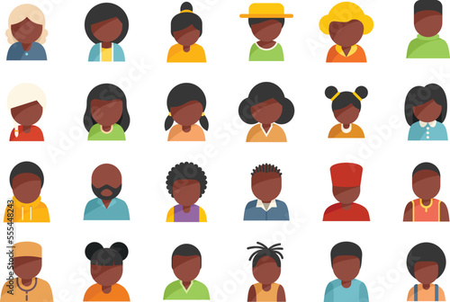 African people icons set flat vector. Hair curly. African people isolated