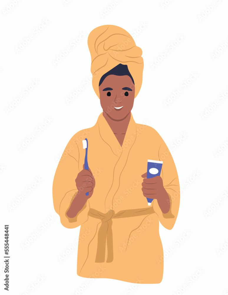 World Oral Health Day. A young smiling african american girl is holding a toothbrush and mouthwash. Vector flat illustration World Oral Health Day. A young smiling african american girl is holding a toothbrush and mouthwash. Vector flat illustration