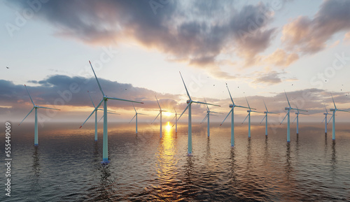 ULTRA HD. Ocean Wind Farm. Windmill farm in the ocean. Offshore wind turbines in the sea. Wind turbine from aerial view © adobedesigner