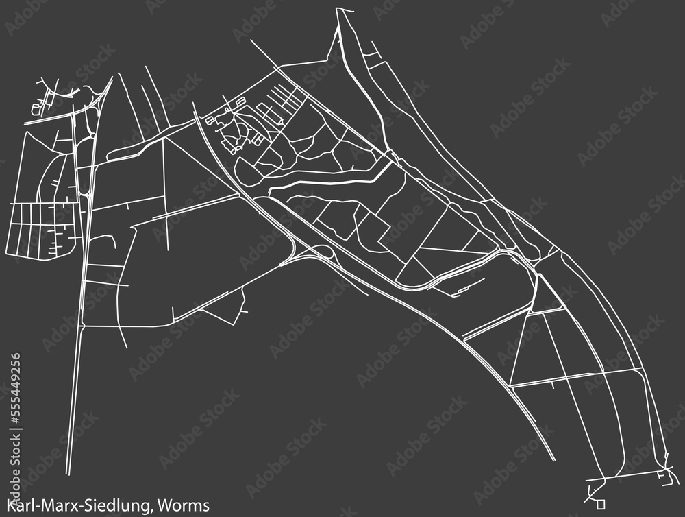 Detailed negative navigation white lines urban street roads map of the KARL-MARX-SIEDLUNG QUARTER of the German town of WORMS, Germany on dark gray background