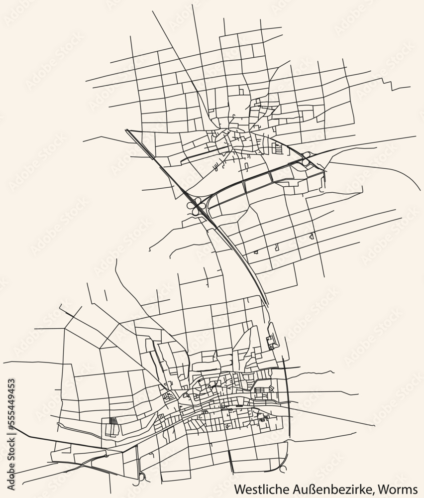 Detailed navigation black lines urban street roads map of the STADTBEZIRK WESTLICHE AUSSENBEZIRKE DISTRICT of the German town of WORMS, Germany on vintage beige background