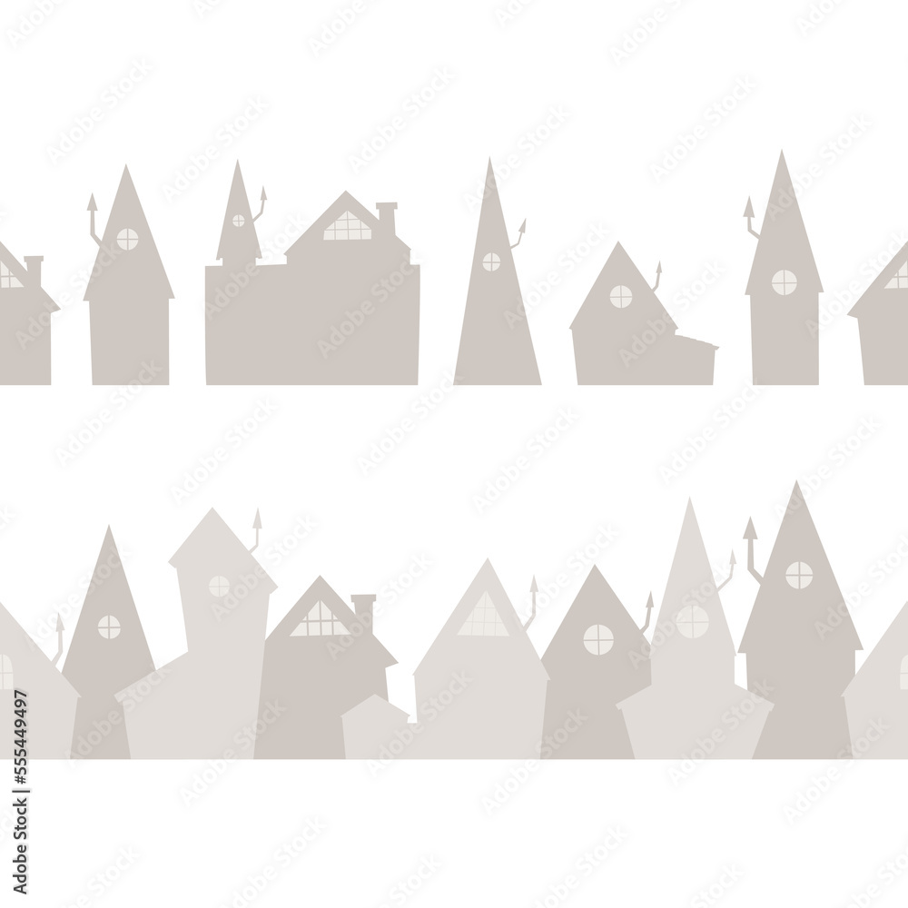 Seamless border with rural houses. Vector template, background.