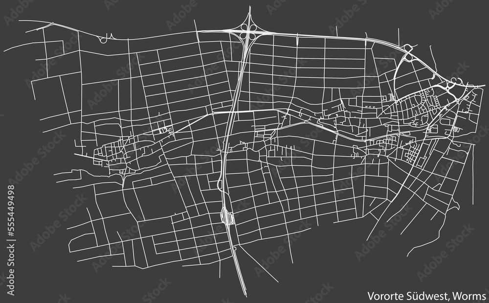 Detailed negative navigation white lines urban street roads map of the STADTBEZIRK VORORTE SÜDWEST DISTRICT of the German town of WORMS, Germany on dark gray background