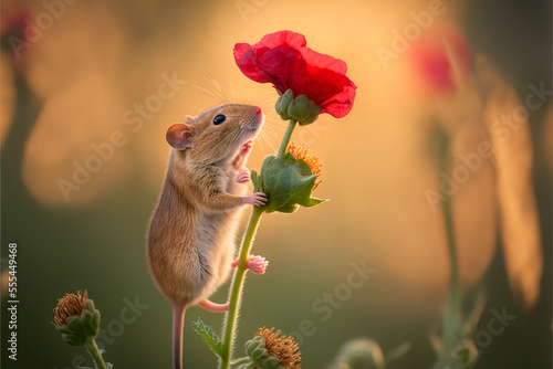 Photo illustration of a field mouse standing on his hind legs, smelling a red flower
generative ai photo