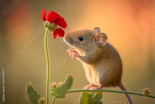Photo illustration of a field mouse standing on his hind legs, smelling a red flower
generative ai
