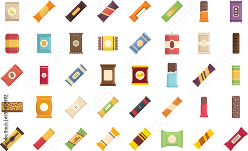 Snack bar icons set flat vector. Candy product. Snack bar food isolated