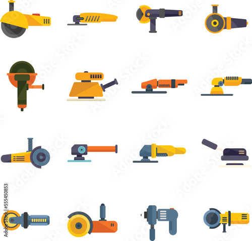Grinding machine icons set flat vector. Build construct. Electric equipment isolated