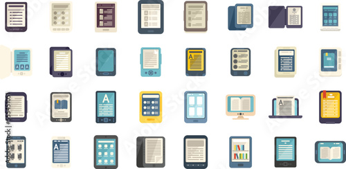 E-book application icons set flat vector. Book reader. Digital tablet isolated
