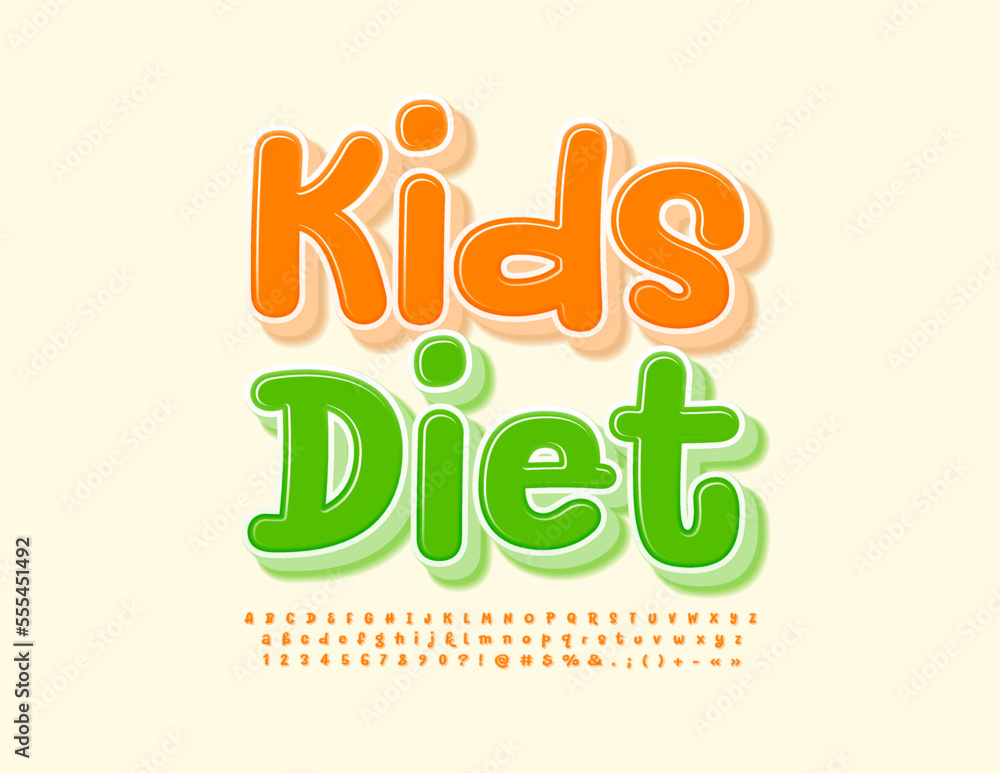 Naklejka premium Vector playful emblem Kids Diet. Creative handwritten Font. Orange 3D Alphabet Letters and Numbers set