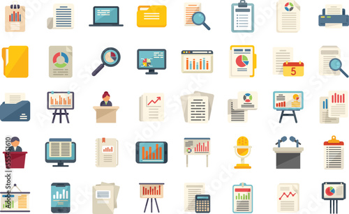 Report icons set flat vector. Performance chart. Data document isolated
