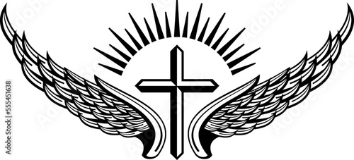 Winged cross emblem. Holy symbol. Vintage label
