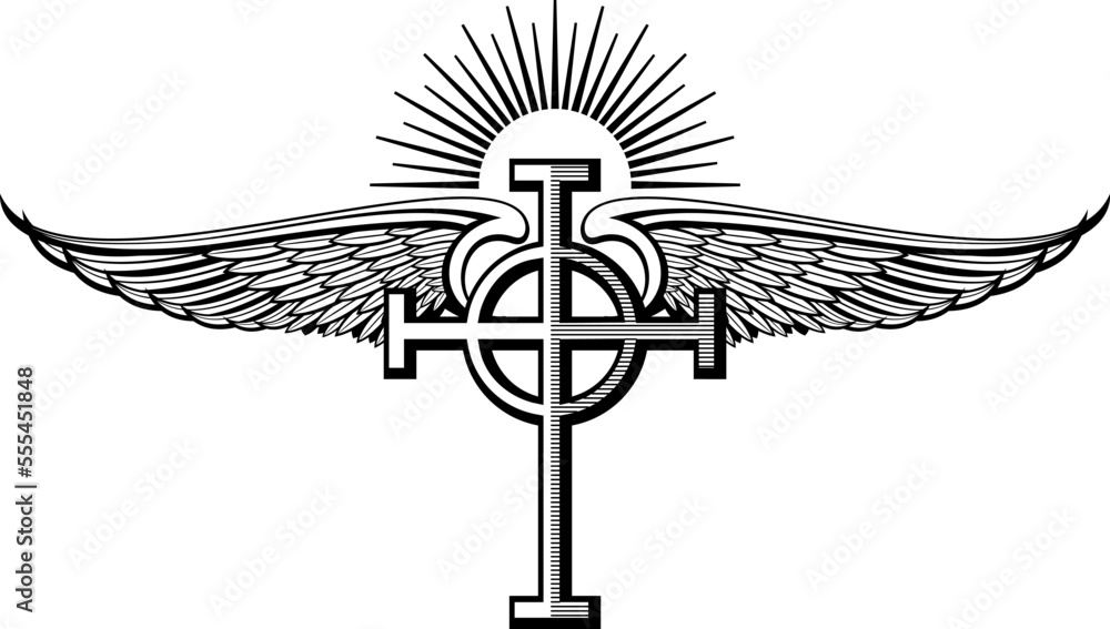 Holy cross winged emblem. Heaven symbol engraving Holy cross winged emblem. Heaven symbol engraving