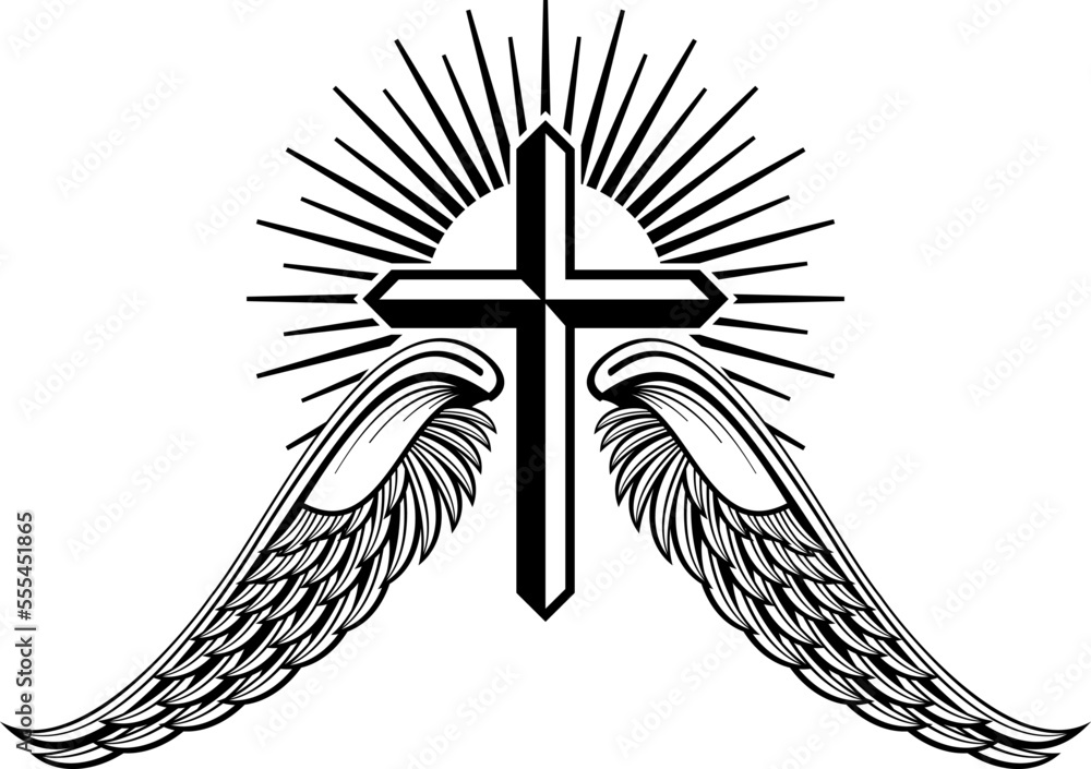 Shining cross engraving. Winged emblem. Holy sign