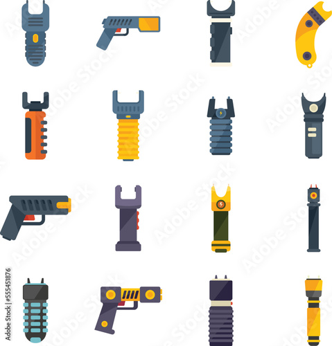 Taser icons set flat vector. Police gun. Safety stun electroshock isolated