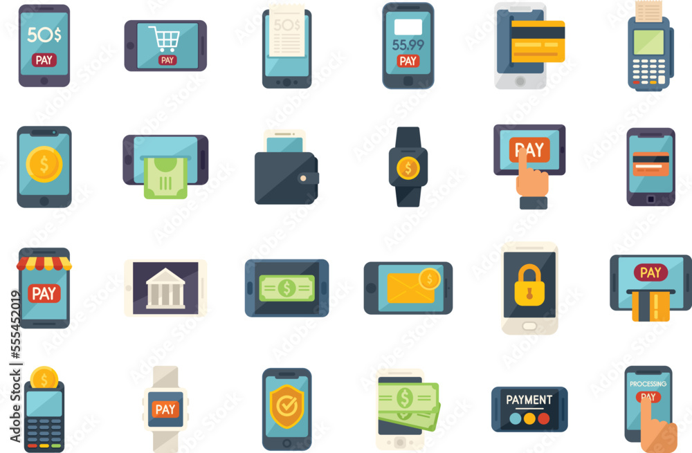 Mobile payment icons set flat vector. Money bank. Mobile online isolated Mobile payment icons set flat vector. Money bank. Mobile online isolated