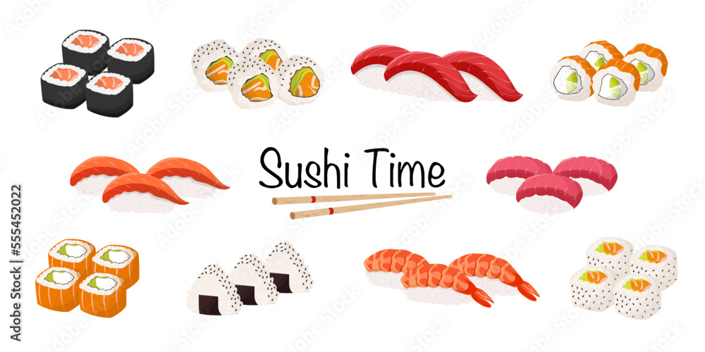 Sushi set isolated on white background. Asian food. Onigiri. Nigiri. Sushi roll. Sushi set isolated on white background. Asian food. Onigiri. Nigiri. Sushi roll.