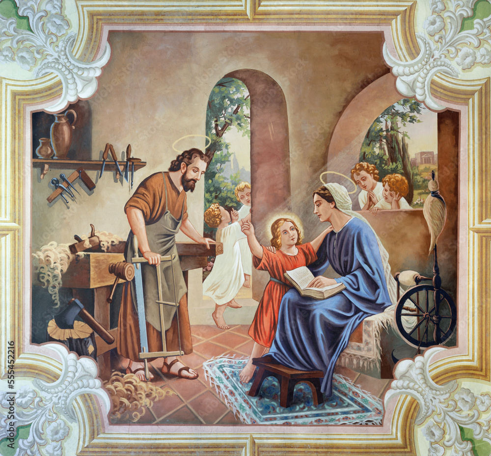 SEBECHLEBY, SLOVAKIA - OKTOBERT 8, 2022: The fresco Holy Family in St. Michael parish church by Jozef Antal (1963). - obrazy, fototapety, plakaty 
