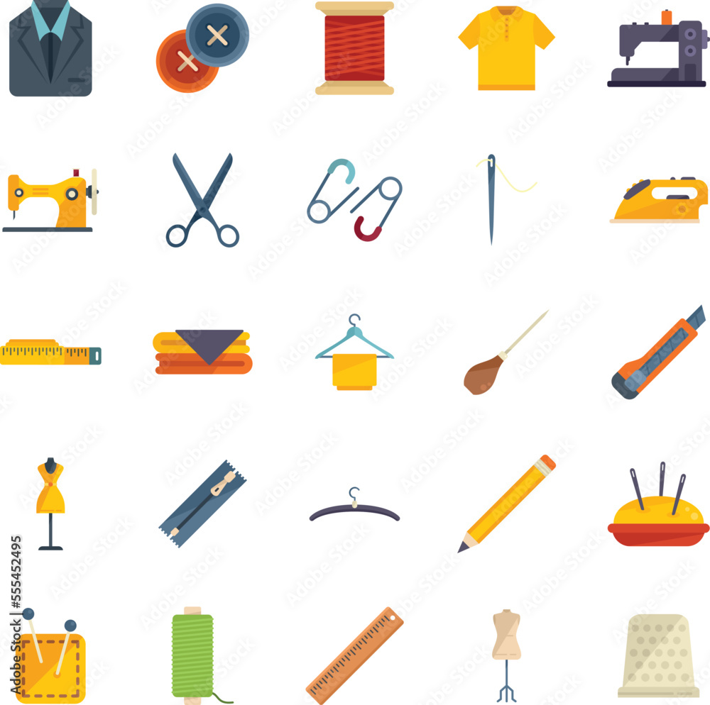 Clothing repair icons set flat vector. Cloth making. Handmade manufacture isolated Clothing repair icons set flat vector. Cloth making. Handmade manufacture isolated