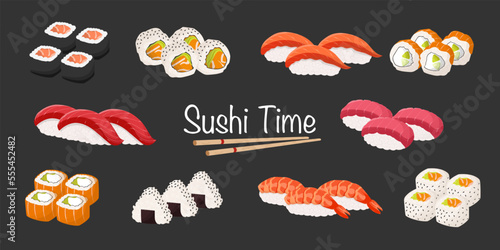Sushi, Japanese food menu vector illustration. Cartoon isolated  chopsticks and rolls, nigiri with rice, salmon for eating with soy sauce, wasabi and ginger in sushi bar or Japan restaurant