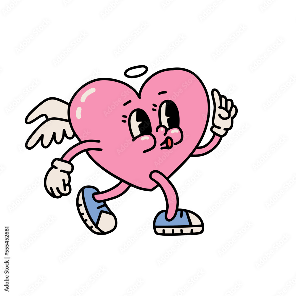 Groovy hippie love sticker character. Comic happy heart character with wings in trendy retro 60s 70s cartoon style. Happy Valentines day concept. Vintage isolated vector illustration. Groovy hippie love sticker character. Comic happy heart character with wings in trendy retro 60s 70s cartoon style. Happy Valentines day concept. Vintage isolated vector illustration.