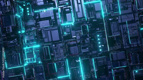 Wallpaper Mural Futurictic technology concept. Dark sci fi looped background. Flight through hi tech digital space or in glass metal tunnel with neon light, blocks. Hi-tech information flow in blockchain or bigdata. Torontodigital.ca