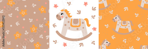 Print and seamless patterns. Baby rocking horse in pastel colors. Vector hand-drawn character for graphic tee print. Seamless Repeat Pattern. Design for paper, cover, textiles.