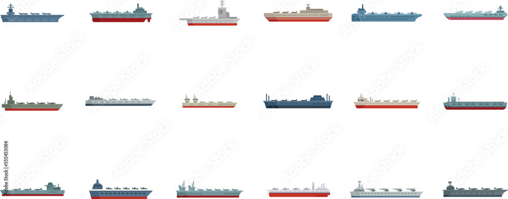Aircraft carrier icons set flat vector. Army carrier. Air battleship isolated Aircraft carrier icons set flat vector. Army carrier. Air battleship isolated