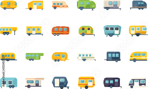 Auto camping icons set flat vector. Home motor. Motorhome trailer isolated