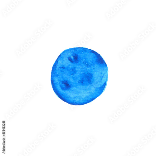  Blue full moon painted isolation on white background. Watercolor illustration.