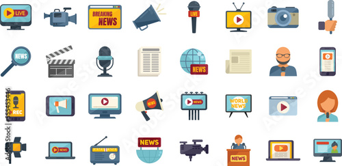 Reportage icons set flat vector. Interview news. Camera tv isolated