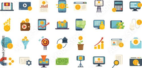 Monetization icons set flat vector. Data money. Business blog isolated